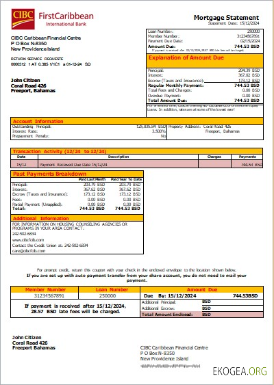 Bahamas CIBC Caribbean Bank relevé hypothécaire bancaire scr